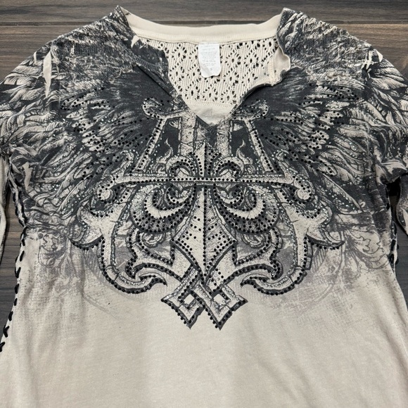 Affliction Shirt with Rhinestones and Knitted Shoulders and Arms - Picture 3 of 13
